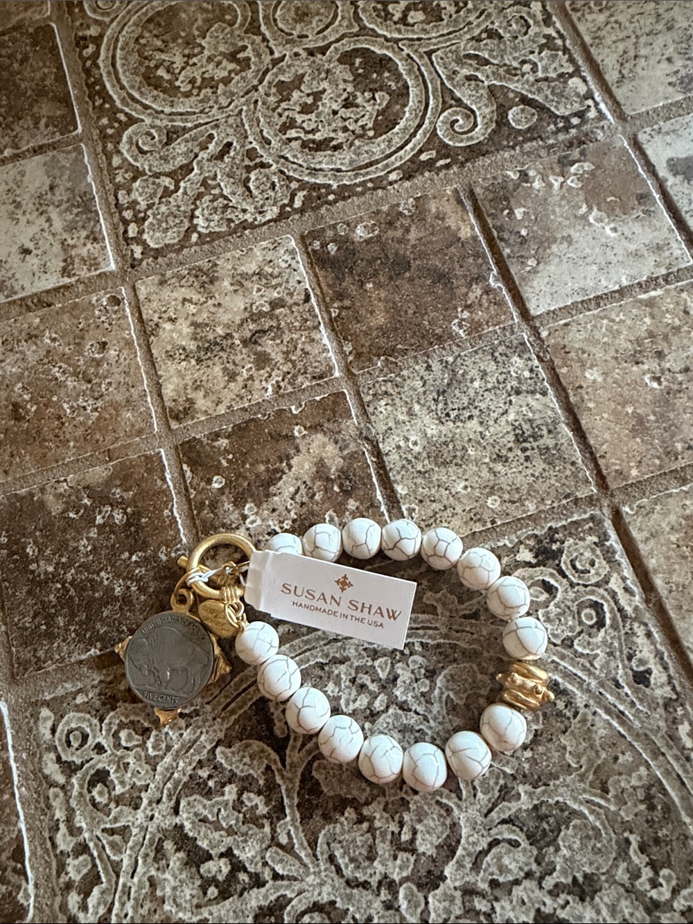 Susan Shaw White Howlite Stretch Bracelet with Gold Accents